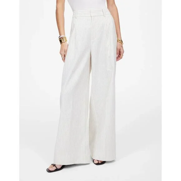 Madewell Superwide-Leg Trouser in Pinstripe Linen Blend Womens 4 Ivory Black - Picture 4 of 16